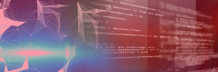 Computer code and network of connections over gradient background, program coding concept