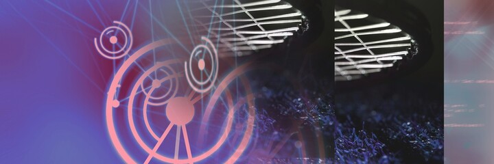 Computer code and network of connection against gradient background, program coding concept