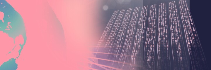 Computer code processing and planet earth against gradient background, program coding concept