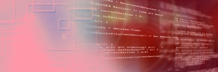 2d geometric shapes and computer code against gradient background, program coding concept