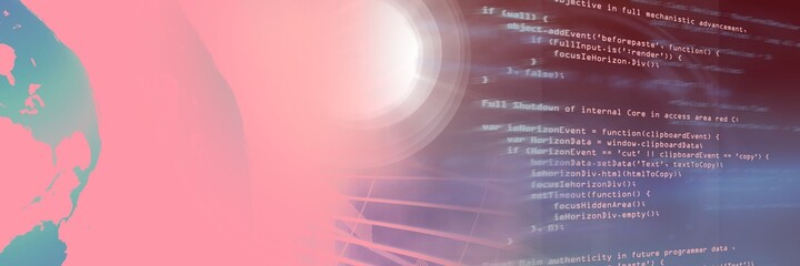 computer code processing and planet earth against gradient background, program coding concept