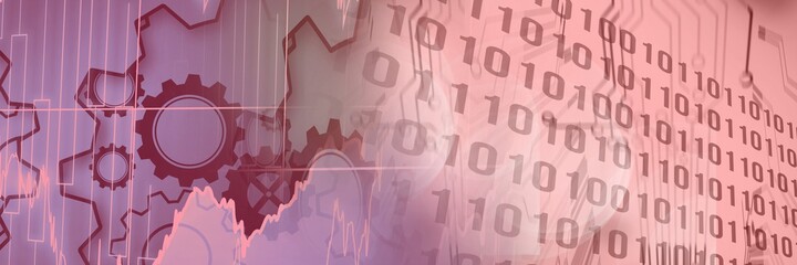 Machine gears and computer code against gradient background, technology and program coding concept