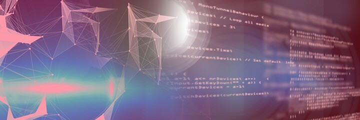 computer code and network of connections over gradient background, program coding concept