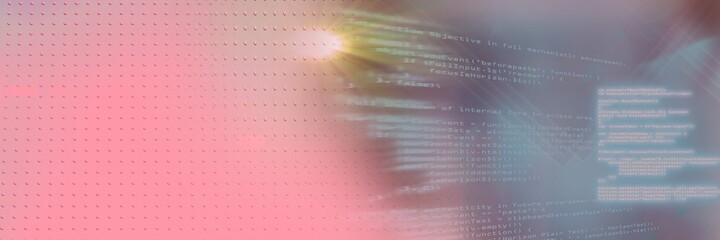 computer code and metal machine surface against gradient background, program coding concept