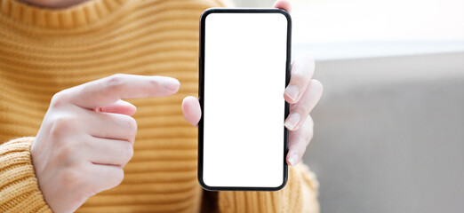 hand holding phone mobile and touching screen isolated on white background, mock-up smartphone matte