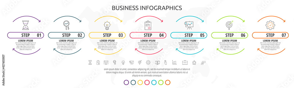 colorful buttons timeline process | timeline ppt,... Infographics timeline with 7 steps, icons. Line data vector template ...