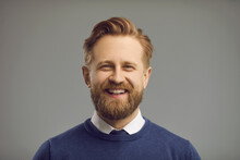 Happy Cheerful Man With Thick Beard, Moustache And Friendly Positive Smiling Face. Portrait Of Professional Entrepreneur, White Collar Office Worker, Corporate Manager, College Or University Professor