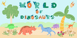 Fototapeta Dinusie - Dinosaur world banner with text and different dinosaurs.