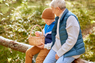 Canvas Print - picking season, leisure and people concept - happy smiling grandmother and grandson with baskets and mushrooms in forest