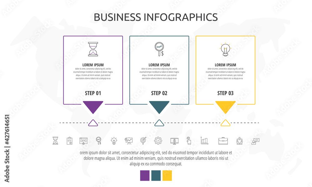 Line cards with three steps, arrows. Rectangular infographic. Frames ...