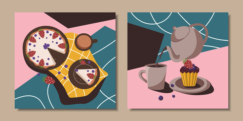 Set of abstract posters with still lifes. Teapot with tea, cupcake, pie, mug. Vector illustration.