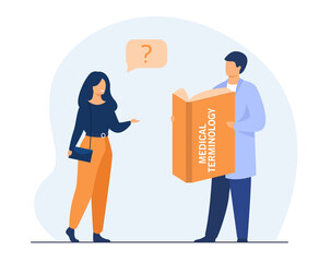Wall Mural - woman asking doctor about medical terms. book, profession, dictionary flat vector illustration. medi