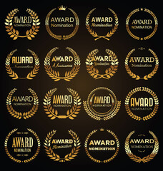Wall Mural - Golden award signs with laurel wreath isolated on black background