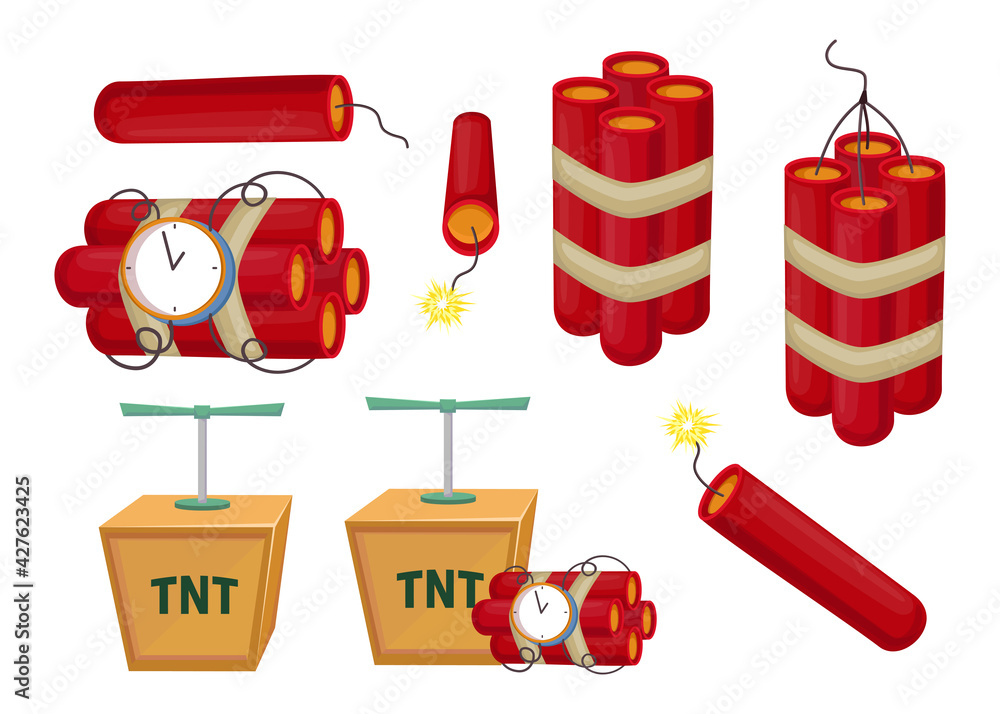 Cartoon colorful dynamite set vector illustration. Tnt explosives with ...