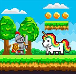 Wall Mural - Rainbow unicorn and knight in armor pixel art in nature landscape background, fairytale characters