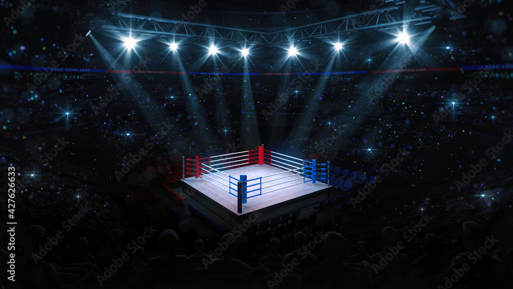 Boxing fight ring. Fans view of sport arena with shining spotlights ...