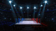 Boxing fight ring. Interior upper view of sport arena with fans and shining spotlights. Digital sport 3D illustration.	
