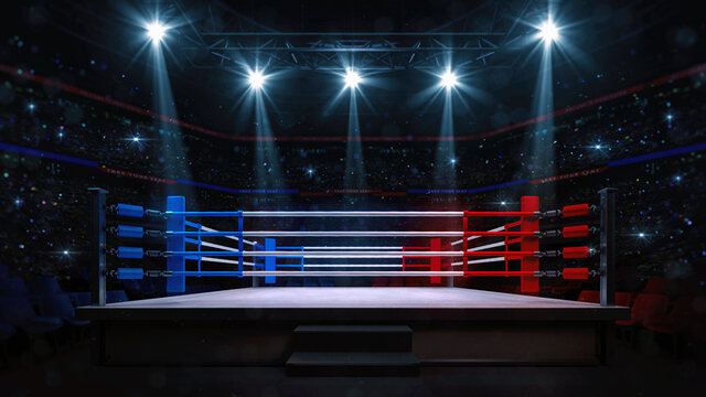 Wall Mural -  - Boxing fight ring close-up. Interior view of sport arena with fans and shining spotlights. Digital sport 3D illustration.	
