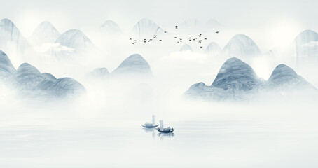 Wall Mural - Hand painted Chinese style blue elegant landscape painting