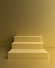 Podium On Gold Background, Golden Platform Pedestal With Stairs, 3d Stage. Product Display Stand Render, Golden Scene Or Stage Stairs To Podium Platform Of Box Blocks