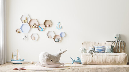 Wall Mural - stylish children's room interior in light tones with toys, bed and shelves, modern kids playroom int