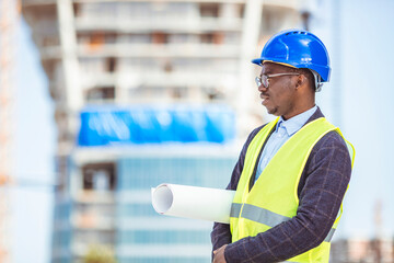 Successful male architect at building site looking at camera. Confident construction manager wearing blue helmet and yellow safety vest with copy space. Portrait of successful mature civil engineer.