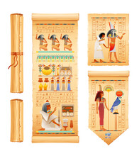 Egyptian Papyrus With Illustration From Tomb Of Nakht In Luxor, Afterlife Duat Vector. Gods Ra And Anubis, Maat Goddess With Ostrich Feather And Fan. Vector Ancient Egypt Papyrus With Hieroglyph Text