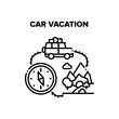 © PikePicture - Car Vacation Vector Icon Concept. Car Vacation Adventure In Nature, Family Traveling On Vehicle To Mountain Or Forest. Summer Travel On Automobile, Journey Time On Auto Black Illustration