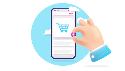 Smartphone with shopping cart - Cartoon hand shopping on mobile phone with shopping basket icon in oval frame. Vector illustration.
