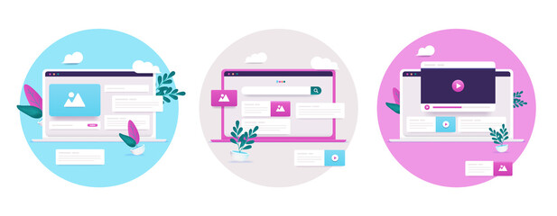 Aufkleber - Online marketing illustrations - Set of vector illustrations with computer screen with social media, search engine and video display.