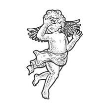 Angel Cupid Baby With Facepalm Hand Gesture Sketch Engraving Vector Illustration. T-shirt Apparel Print Design. Scratch Board Imitation. Black And White Hand Drawn Image.