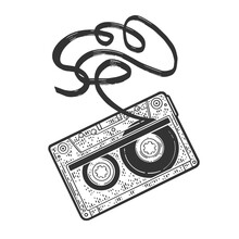 Cassette Tape With Tangled Torn Tape Sketch Engraving Vector Illustration. T-shirt Apparel Print Design. Scratch Board Imitation. Black And White Hand Drawn Image.