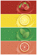 Drinks and juice background with many drops and splash - grapefruit, lemon slice, mint leaf and strawberry