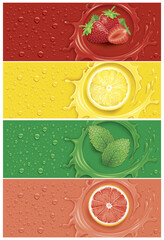 Drinks and juice background with many drops and splash -  grapefruit, lemon slice, mint leaf and strawberry