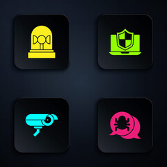 Sticker - Set System bug, Flasher siren, Security camera and Laptop protected with shield. Black square button. Vector