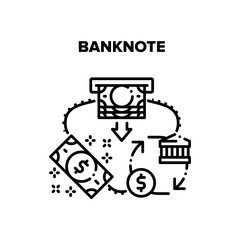 Sticker - Banknote Money Vector Icon Concept. Banknote Money Getting From Atm, Bank Financial Building For Dollar Currency, Investment, Credit Or Deposit. Finance Relationship Black Illustration