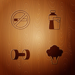 Sticker - Set Broccoli, No Smoking, Dumbbell and Bottle of water with glass on wooden background. Vector