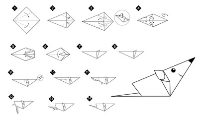 Poster - How to make origami mouse or rat. Black line monochrome step by step instructions. Easy DIY for kids.