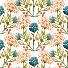 Watercolor Flower Motif Background. Hand Painted Earthy Whimsical Seamless Pattern. Modern Floral Linen Textile For Spring Summer Home Decor. Decorative Scandi Style Colorful Nature All Over Print