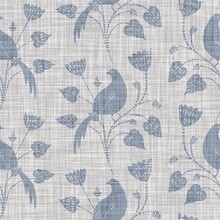 Seamless French Farmhouse Bird Foliage Linen Printed Fabric Background. Gray Pattern Texture. Shabby Chic Style Woven Background. Textile Rustic Scandi All Over Print Effect. Watercolor Paint Motif