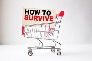 a business card with text HOW TO SURVIVE in a shopping cart. business and finance