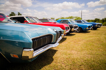 Vintage classic muscle cars parked together in field for sale or club cruise or car show