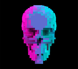 Vector futuristic 3D pixel skull. Retro video game style symbol, illuminated by blue and violet neon lights. Cool futuristic design element.