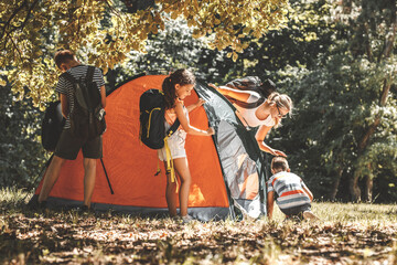 Wall Mural - School kids setup a camping tent with they female teacher.	
