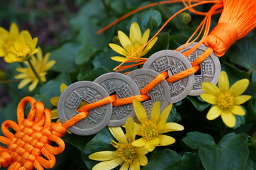 Wall Mural - Chinese Feng shui coin in wildflowers.