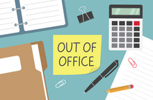 out of office written on yellow sticky note - vector illustration