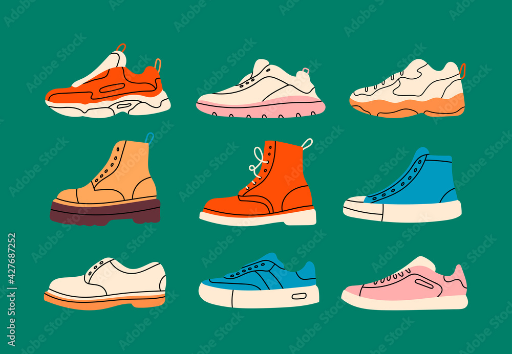 Various Shoes icons collection. Boots, sport shoes, sneaker, hiking footwear and other shoes for training. Men's and women's footwear. Hand drawn Vector illustrations. All elements are isolated - obrazy, fototapety, plakaty 