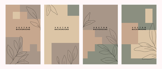 Vector set of abstract backgrounds  with hand drawn minimalistic plant elements, branch and leaves. Perfect for social media stories,wallpaper for invitations, cards, cover,  presentation. 