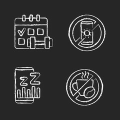 Sticker - Recommendations to prevent insomnia chalk white icons set on black background. Regular exercise, physical activity schedule. No devices. No caffeine. Isolated vector chalkboard illustrations