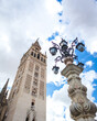 La Giralda, the bell tower of Seville Cathedral on a sunny spring day, in Spain.